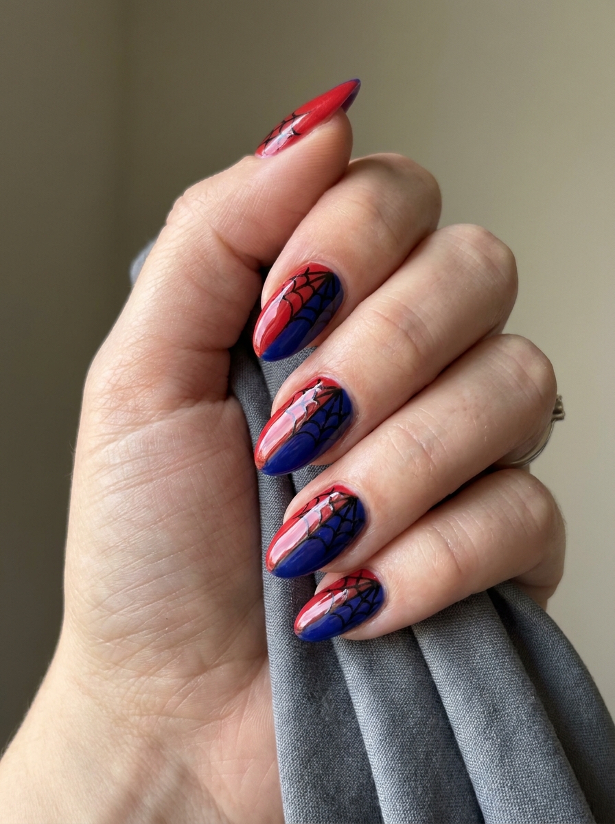 Red and Blue Split Spiderman Nails als Spiderman Nägel Inspiration 2026